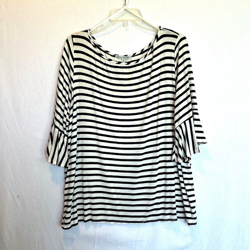 Green Envelope LA Top Women Plus 2X Nautical Stripes 3/4 Bell Sleeve Stretch